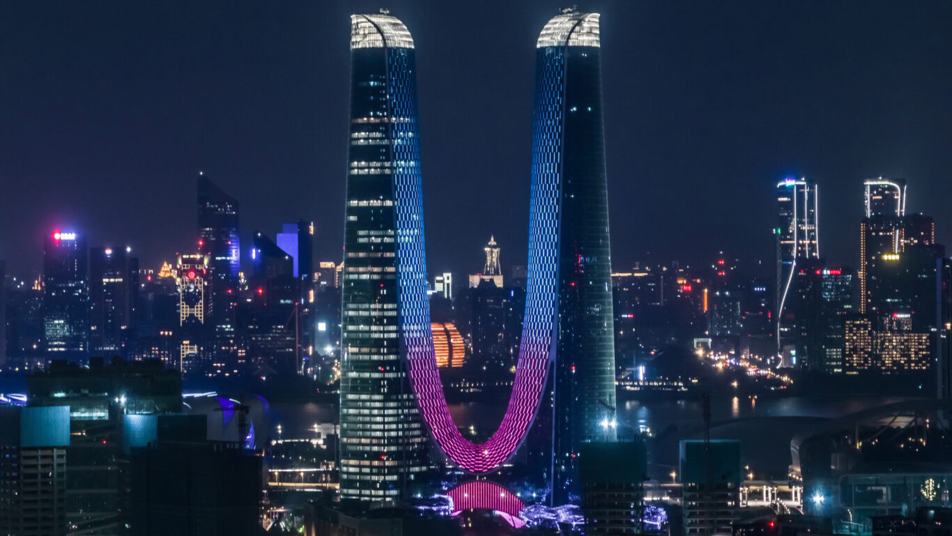 Hangzhou Century Centre twin towers by night, completed 2022
